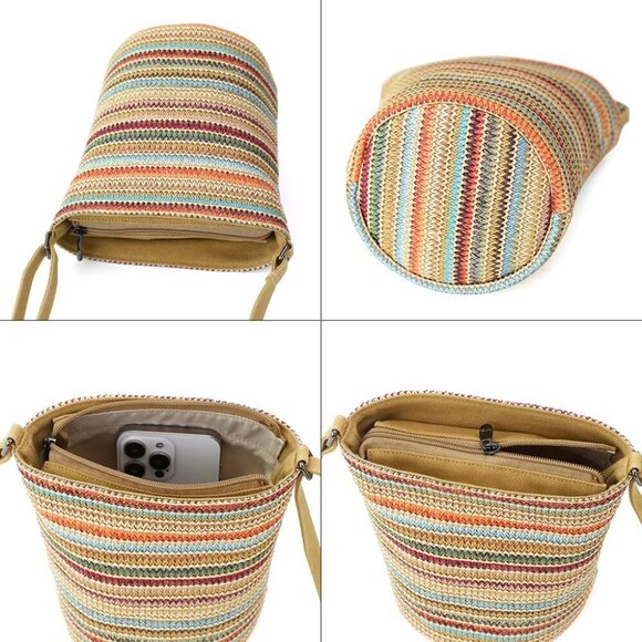 Cylindrical Crossbody Bag Women Straw Zipper Small-batch Daily Vacation Travel